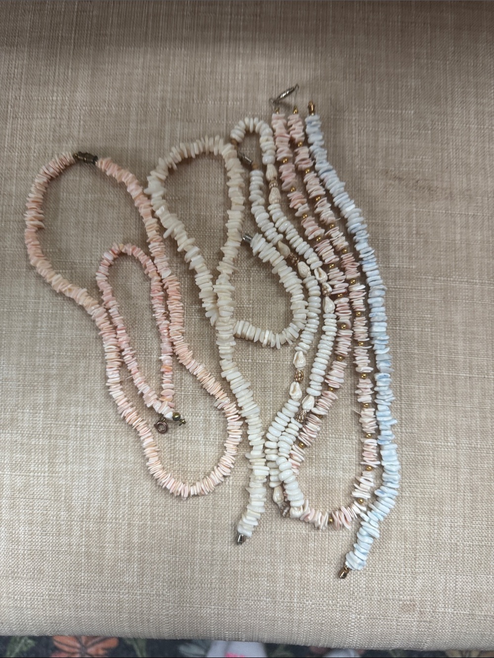 Set of Six Handmade Pink and White Shell Bead Necklaces, Bracelet, and Anklet